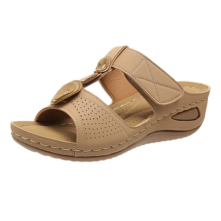 

GHSOHS Slippers for Women Large Size Wedge Platform Slide Sandals Bohemia Fashion Orthotic Slippers Summer Casual Beach Shoes(39 Khaki)