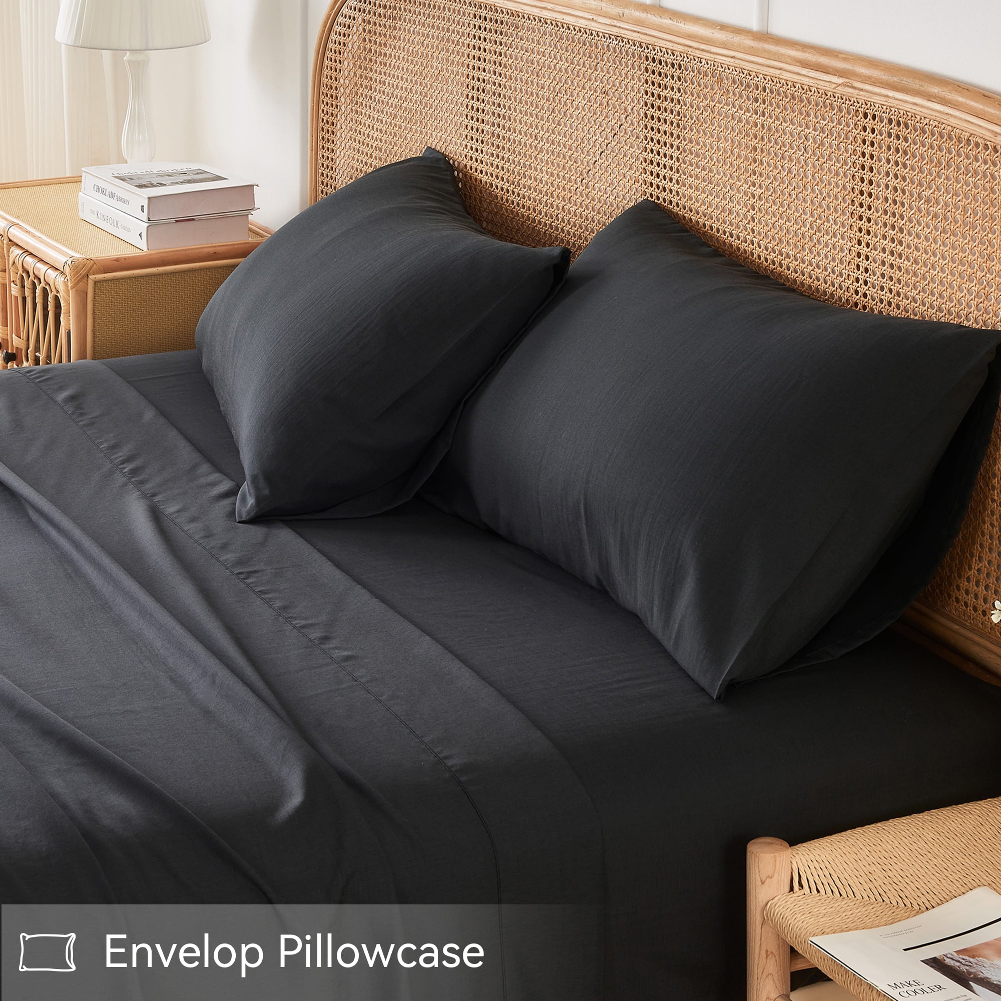 JELLYMONI 4 Pieces Cooling Full Sheets Set, Microfiber & Bamboo Sheet Set, Breathable & Wrinkle Free 16" Deep Pockets Bedding Sheets & Pillowcases,Black