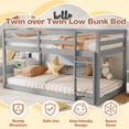 thumbnail image 3 of Twin over Twin Bunk Bed, Sesslife Low Floor Wood Bunk Bed Frame with Guardrails and Ladder, Space Saving Bunk Bed for Bedroom, No Box Spring Needed, Gray, 3 of 9