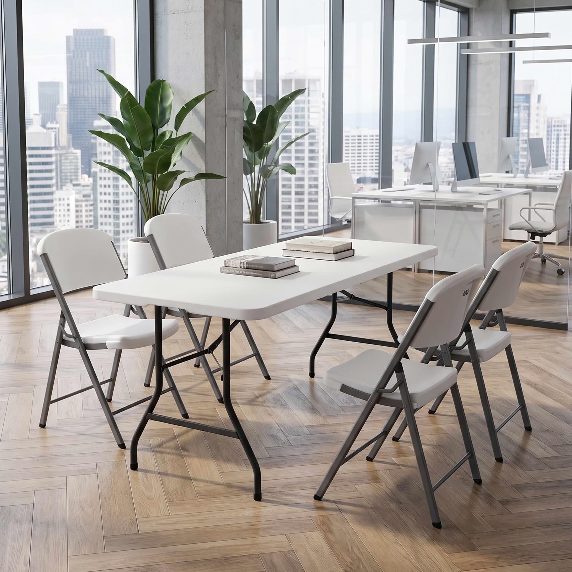 MAYEERTY 5FT White HDPE Fold-in-Half Folding Table, Powder Coated Steel Frame UV Water Resistant Outdoor Portable Table