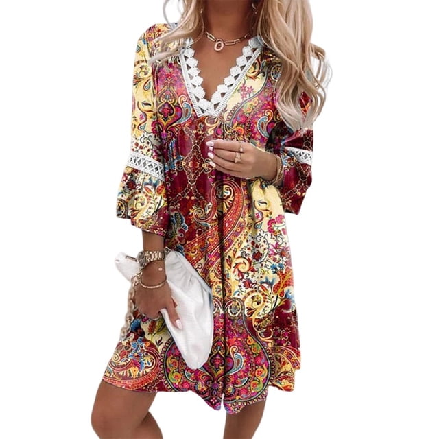 Robe Maxi Basique pour Femmes, Ample, en Dentelle Rem, Robe Décontractée à Manches Mi-Longues, Tenue de Vacances