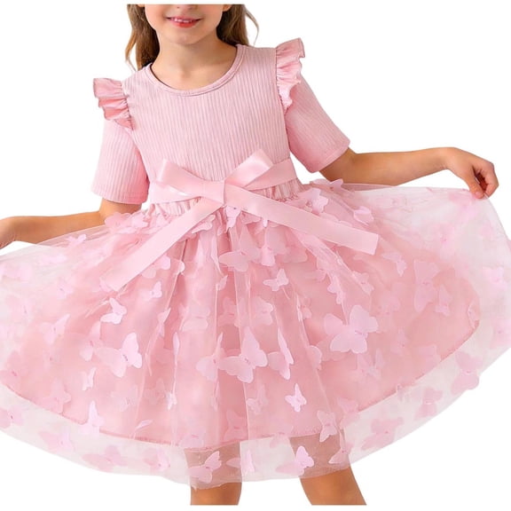Scyoekwg Girls Dresses Cute Fashion Print Lace Embroidery Mesh Princess Bow Dress Short Sleeve Crew Neck Comfy Dresses, Pink, 5-6 Years
