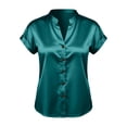 thumbnail image 4 of Craaazy Women's Short Sleeve V Neck Tops Satin Solid Color Casual Button Down Blouses for Spring Summer Gift, 4 of 5