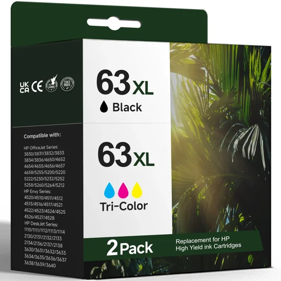 63 Ink Cartridge Compatible for HP 63 63XL Ink Cartridges Combo Pack for Printer Ink HP 63 (1 Black ,1 Tri-Color)