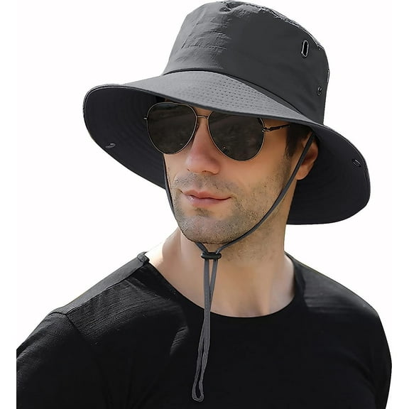 Muryobao Men Sun Hat Summer Wide Brim UPF 50 Breathable Boonie Hats Waterproof Foldable Safari Cap Grey