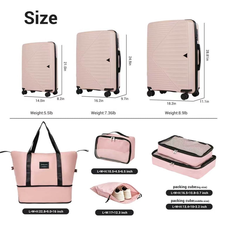 SMICURE 3-Piece Hardside Luggage Set With Travel Bag, Pink photo 2