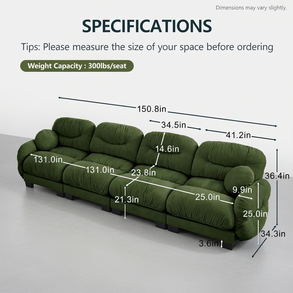 Hommoo Chenille 4-Seat Modular Sofa with Pleated Back Design, Ergonomic High-Density Foam Cushions, Curved Armrests & 2 Round Throw Pillows, Modern Living Room Sectional, Green