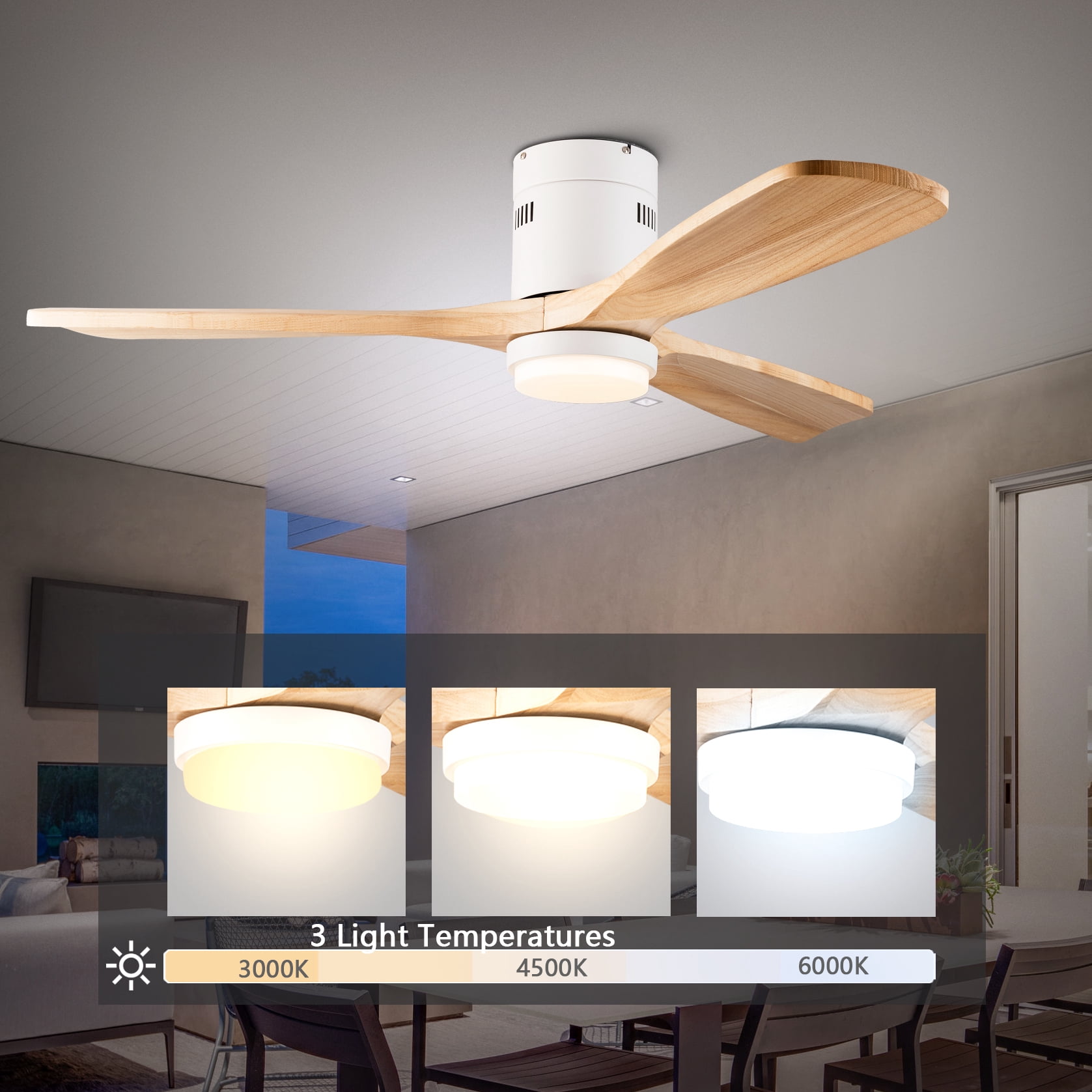 Mintazer 52 in Low Profile Flush Mount Ceiling Fan with Dimmable LED Light & Remote Control, Modern Ceiling Fan with Noiseless for Bedroom Living Room, White