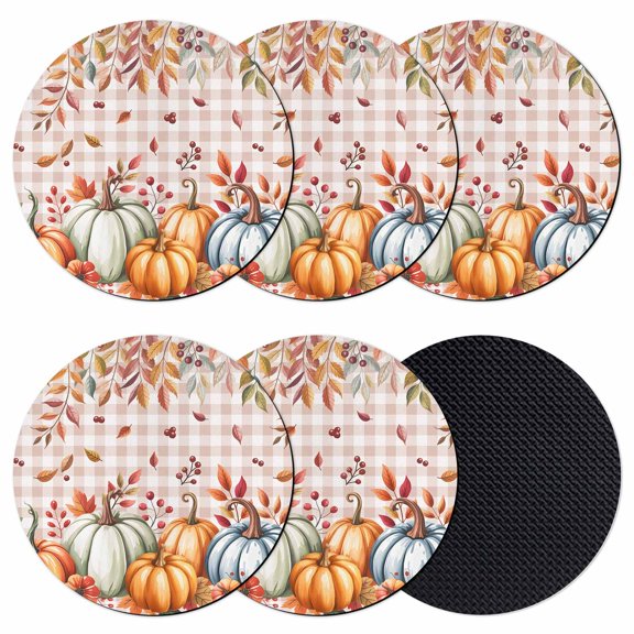 Thanksgiving Eucalyptus Coasters Set of 6, Absorbent Coasters for Drinks, Fall Pumpkins Autumn Retro Plaid Coaster for Desk Coffee Table Protection, Home Decor House Warming Gifts 4"
