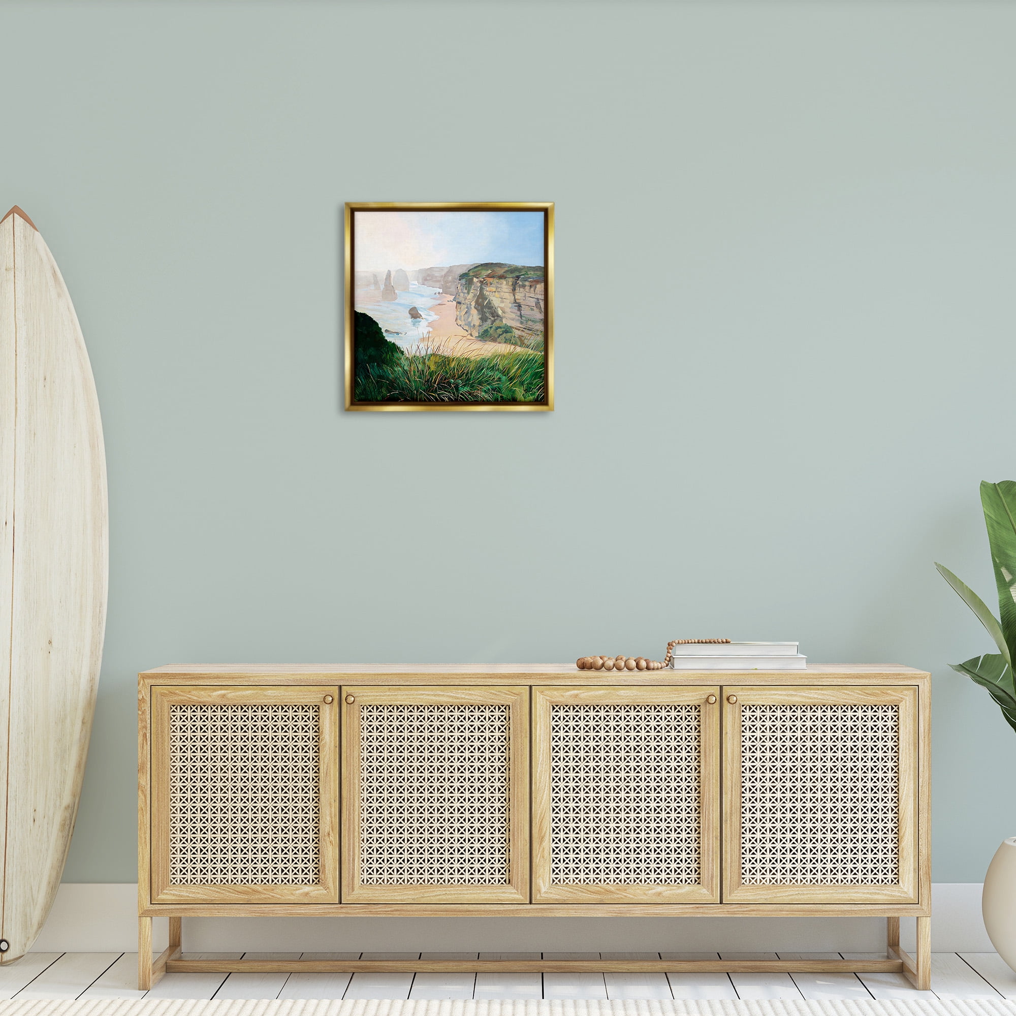 Stupell Industries Nautical Beach Cove Landscape Painting Gold Floater Framed Canvas Art Print Wall Art, 25 x 25