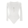 thumbnail image 3 of Womens Long Sleeve Rib Knit Bodysuit Round Neck Solid Color Sexy Ribbed One Piece Romper Onesies Bodycon Tops (Medium, White Zip), 3 of 5