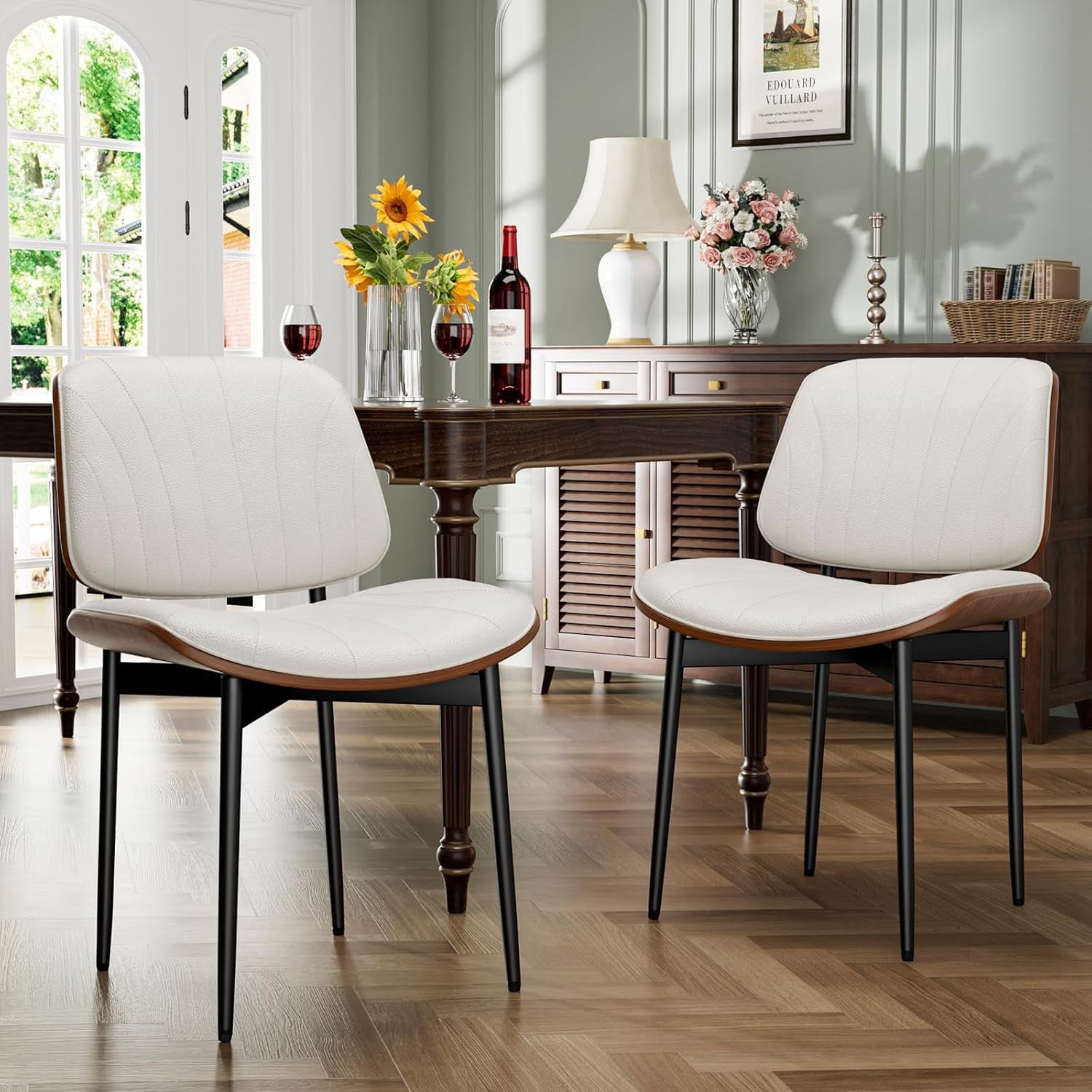 GIKPAL Dining Chairs Set of 6 PU Faux Leather Walnut for Mid-Century Modern Kitchen & Dining Room,Beige