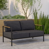 Emma   Oliver Black Aluminum Frame Loveseat with Teak Arm Accents and Charcoal Cushions
