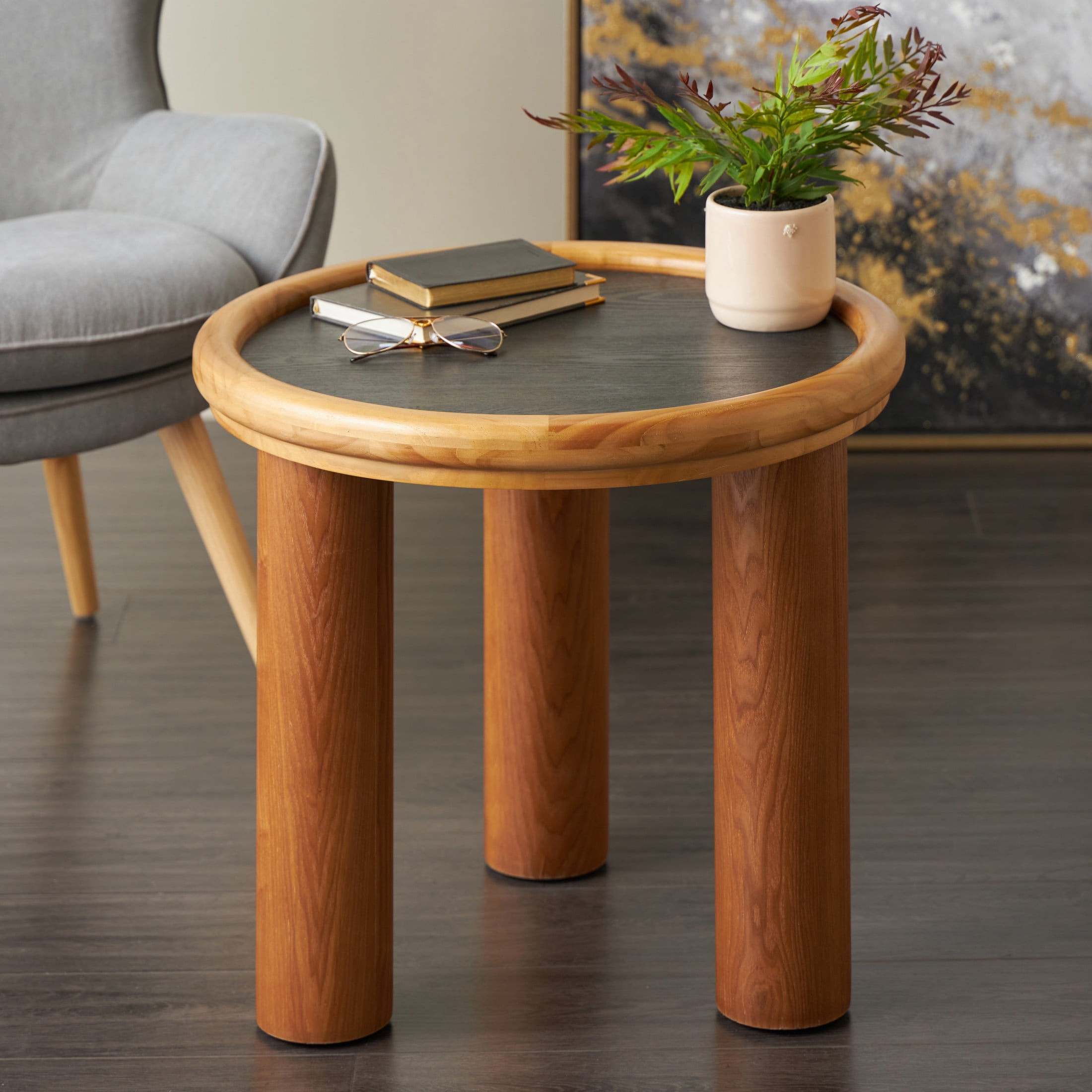 DecMode 24" x 21" Brown Wood Handmade Round Coffee Table with Black Tabletop, 1-Piece