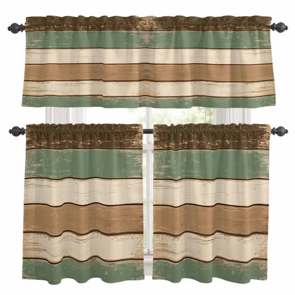 Farmhouse Sage Green Brown Kitchen Curtains Sets for Windows 36 Inch Length, Country Vintage Wooden Rod Pocket Window Treatments Tier Curtains and Valances Set for Bedroom/Bathroom
