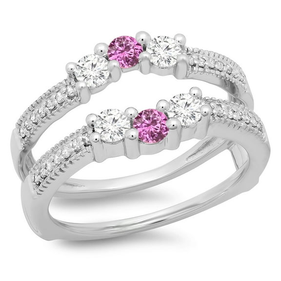 Dazzlingrock Collection 14K Pink Sapphire & White Diamond Wedding Band 3 Stone Enhancer Guard Double Ring, White Gold, Size 4.5