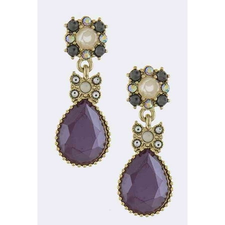 Gray Gemstone Earrings - Fashion Jewelry Metal Framed Purple Nacre Gem Drop with Clear and Gray Accent Crystals, Post Back Earrings
