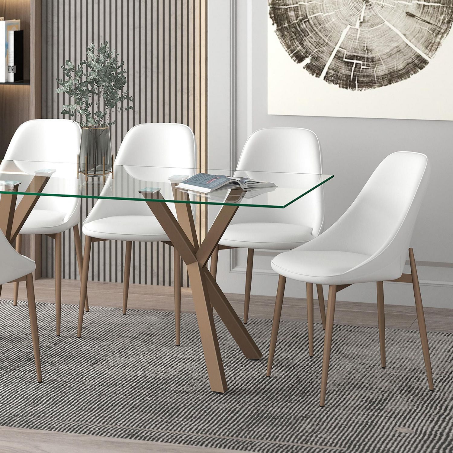 Modern Faux Leather and Metal Dining Chair, Set of 2 - White and Aged Gold