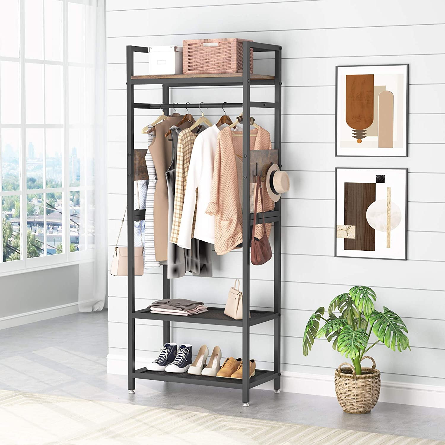 Wooden Clothes Rail Hanging Rack Stand Shoe Storage Shelf 