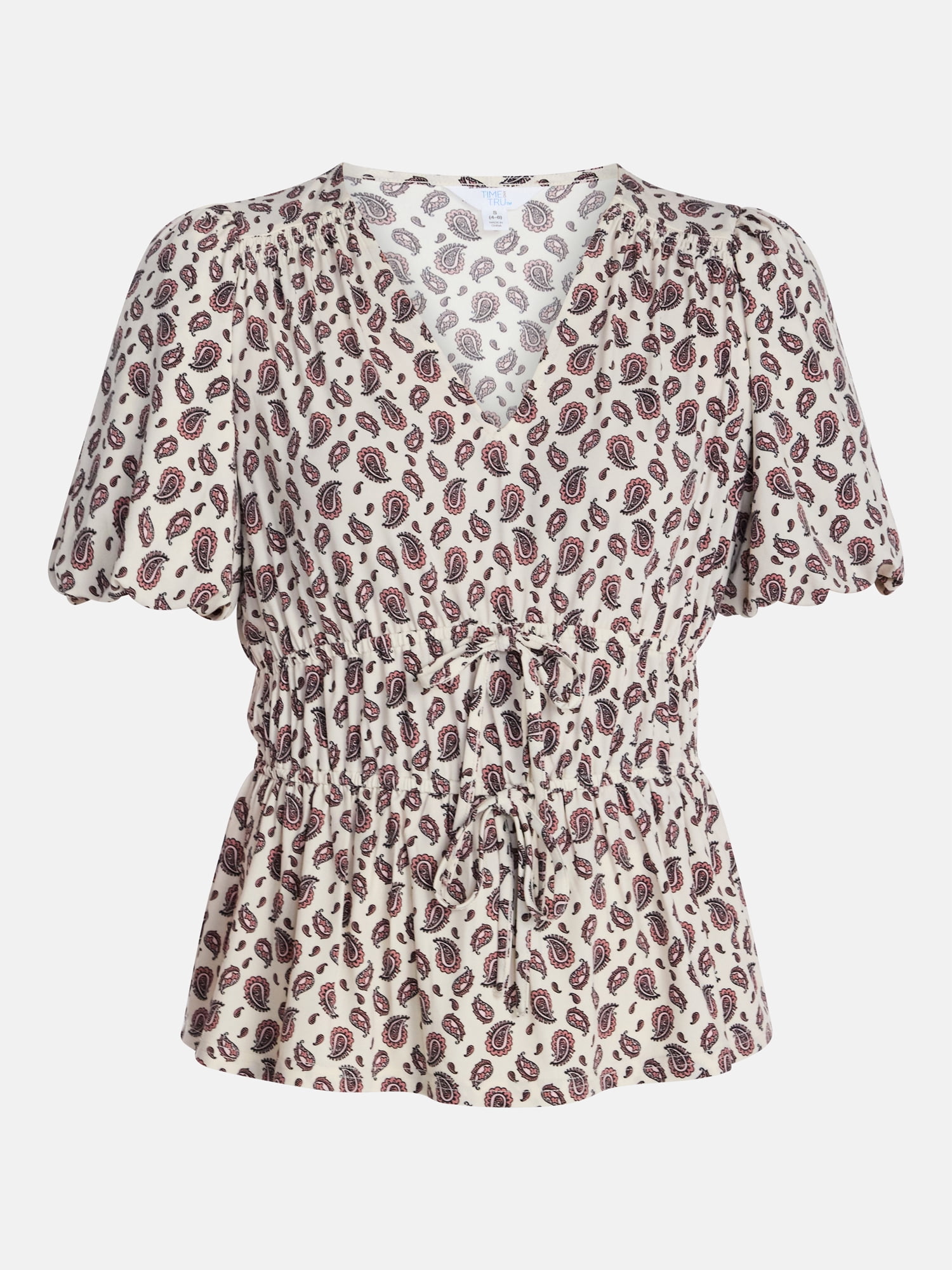 Time and Tru Women's and Women's Plus V Neck Shirred Peplum Top, Sizes XS-XXXL