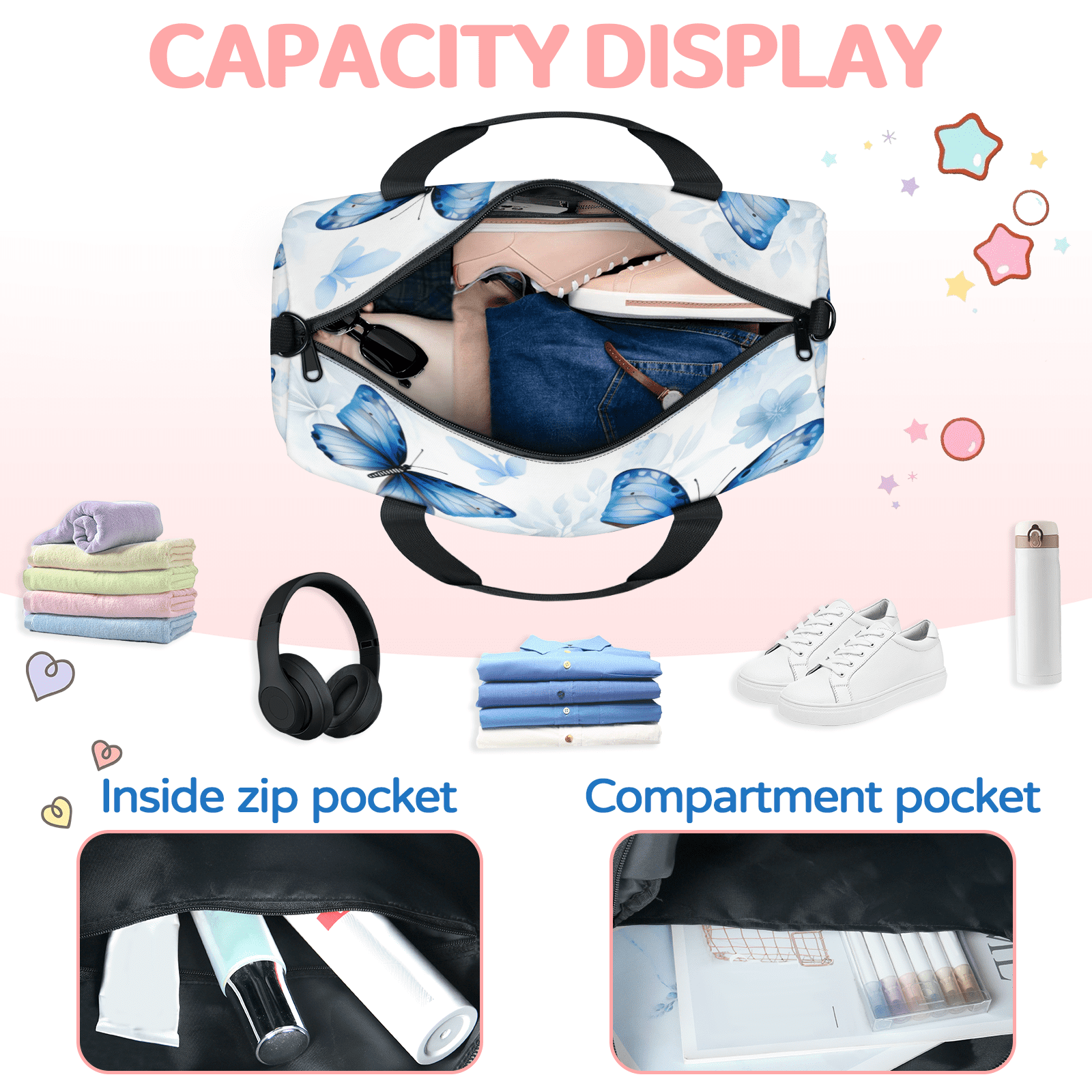 Herdesigns Blue Butterfly Flower Travel Duffle Bag Sports Yoga Weekender Overnight Carry on Workout Bags Lightweight Waterproof Gym Tote Bag for Women