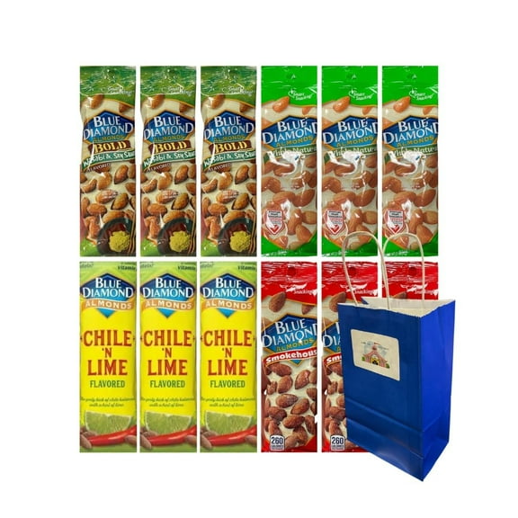Variety Pack Blue Diamond Almonds 12 Pack, 4 Flavors, Whole Natural, Chile 'n Lime, Wasabi Soy Sauce, Smokehouse, Healthy Snack Pack, 1.5 oz Bags, with 5.25x3.2x8 Blue Gift Paper Bag