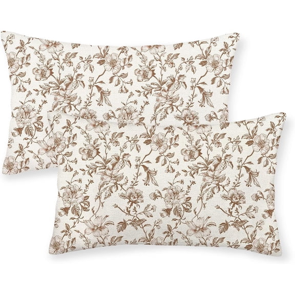 Brown Floral Pillow Covers 12x20 Set of 2 Brown and Cream Chinoiserie Floral Decorative Throw Pillows Vintage Rustic Toile Flower Pillowcase Outdoor Decor Linen Cushion Covers for Couch Sofa