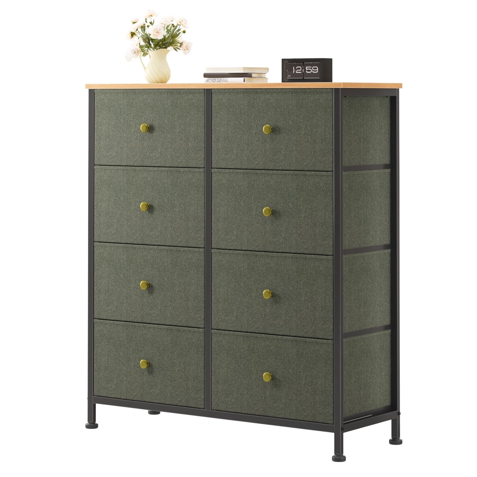 Telyra 8-Drawer Fabric Dresser Tall Storage Tower with Wood Top and Steel Frame Bedroom Closet Organizer, Greyish Green