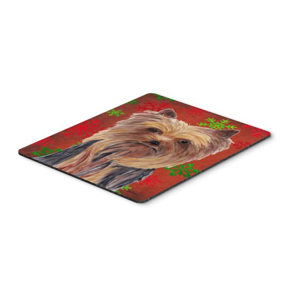 "Yorkie Red and Green Snowflakes Holiday Christmas Mouse Pad Hot Pad or Trivet"