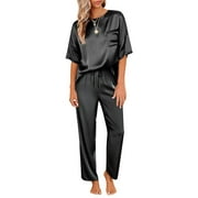 DAKIMOE Womens Silk Satin Pajama Set Short Sleeve Shirt with Long Pajama Pant Set Two-piece Pj Sets Soft Sleepwear Loungewear Nightwear Button-Down Pjs S-2XL, Black, XXL