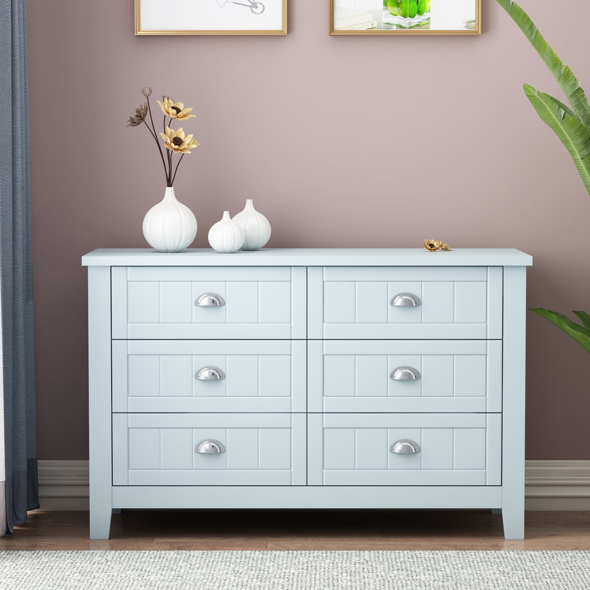 Clikuutory Blue Modern 3+3 Drawer Dresser Side Table Large Storage ...