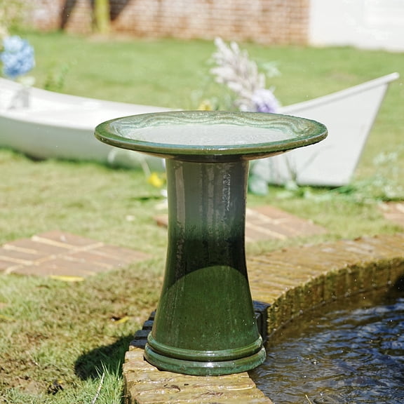 mdj pottery Grass Green Ceramic Pedestal Bird Bath, 18" Tall 17" Wide Outdoor Bowl for Garden Patio Decor