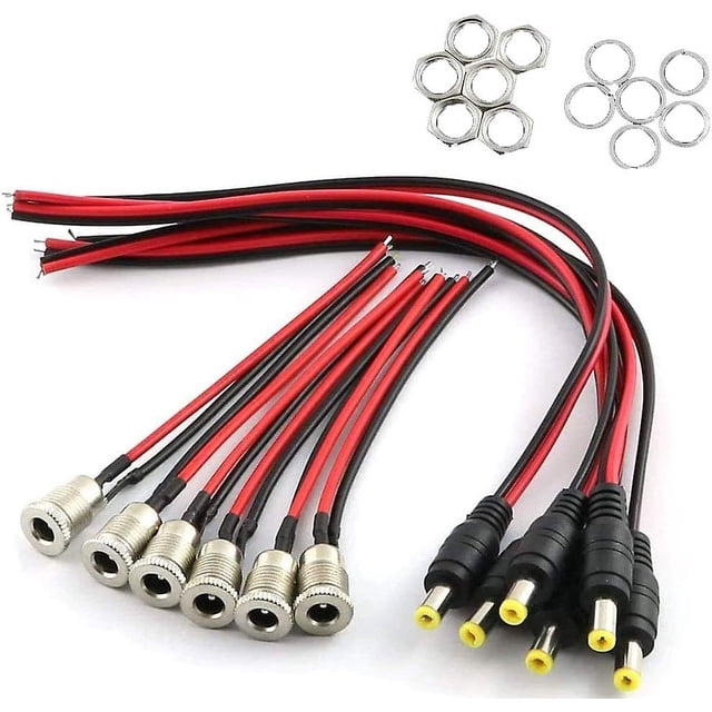 6pcs 5A DC Power Connector 5.5 x 2.1mm Jack Socket Threaded Female Adapter with Cable+ 6pcs 5.5 x 2.1mm DC Male Barrel Socket Jack Plug with Wire