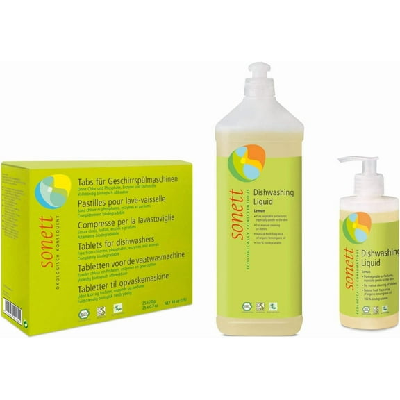 Sonett Organic Lemon Dishwashing Liquid Soap (34 and 10 fl oz) and Dishwasher Tablets (17 fl oz) Set of 3