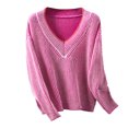 thumbnail image 3 of Chandail à Col en V Rayé pour Femmes Décontracté Ample Tricoté Doux Confortable Mode Hiver Chaud Vêtements d'Automne, 3 of 9