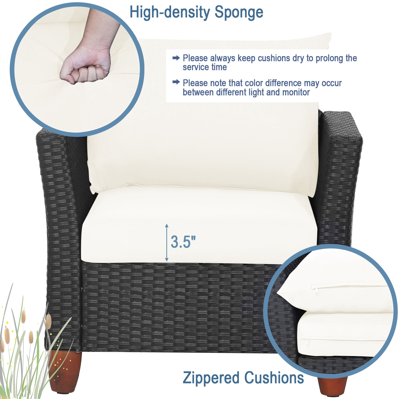 Gymax 3PCS Rattan Furniture Set Cushioned Sofa Storage Table W/ Wood Top Patio White