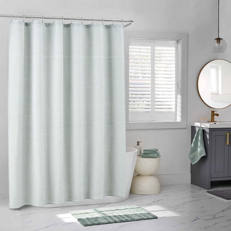Fabric Shower Curtain with Green and White Pinstripe photo 1