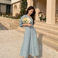 Real shot 2024 blue puff sleeve dress women‘s long French waist elegant
