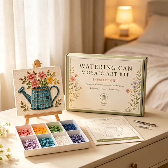 HOARBOEG Sea Glass Watering Can Mosaic Art Kit, DIY Floral Sunflower Bead Craft Set for Adults & Teens, Creative Home Room Decor, Relaxing Stress-Relief Handmade Gift, Indoor Display Shelf Ornament