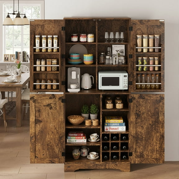 EOP Tall Kitchen Pantry Storage Cabinet with Doors, Wooden Snack Storage Cabinet with Adjustable Shelves, Large Food Pantry Cabinets with Wine Storage Grid & 6 Door Shelves, Rust Brown