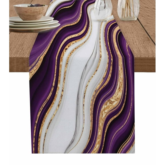 Table Runner Purple White Marble Table Decoration for Kitchen Dinning Gold Edge Texture Table Decoration for Indoor Outdoor Party Wedding Decor 13x90inch