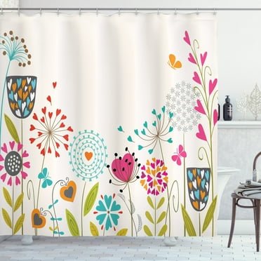 Floral Shower Curtain, Absurd Expression of Dandelions with Heart Shaped Flyaway Seeds and Butterflies, Fabric Bathroom Set with Hooks, 69W X 70L Inches, Multicolor, by Ambesonne