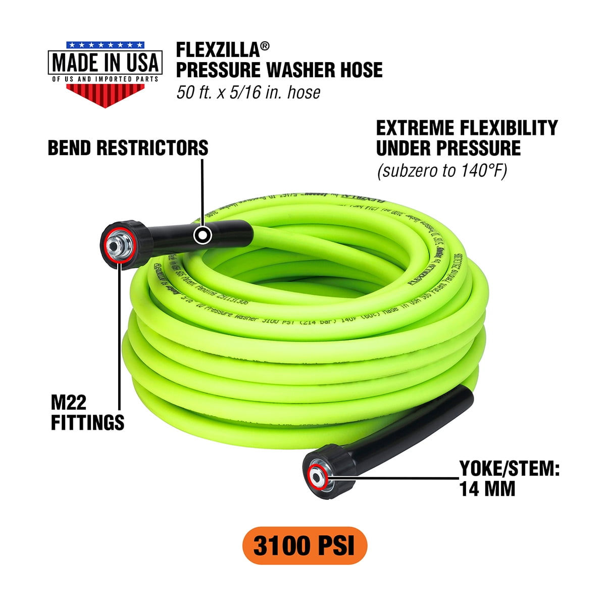Flexzilla Pressure Washer Hose, 5/16 in. x 50 ft., 3100 PSI, M22 Fittings, ZillaGreen