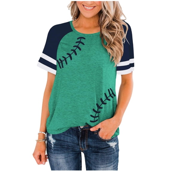 Womens Summer Tops T Shirts Raglan Baseball Round Neck Slim Patch Print Blouse Tees