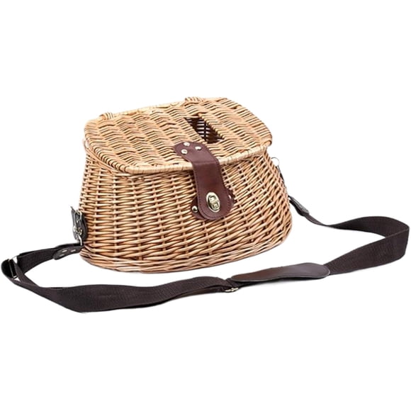 Fish Basket Wicker Fish Basket with Lid and Adjustable Straps Classical Fishing Creel Lightweight for Caught, Vintage Wicker for Picnic
