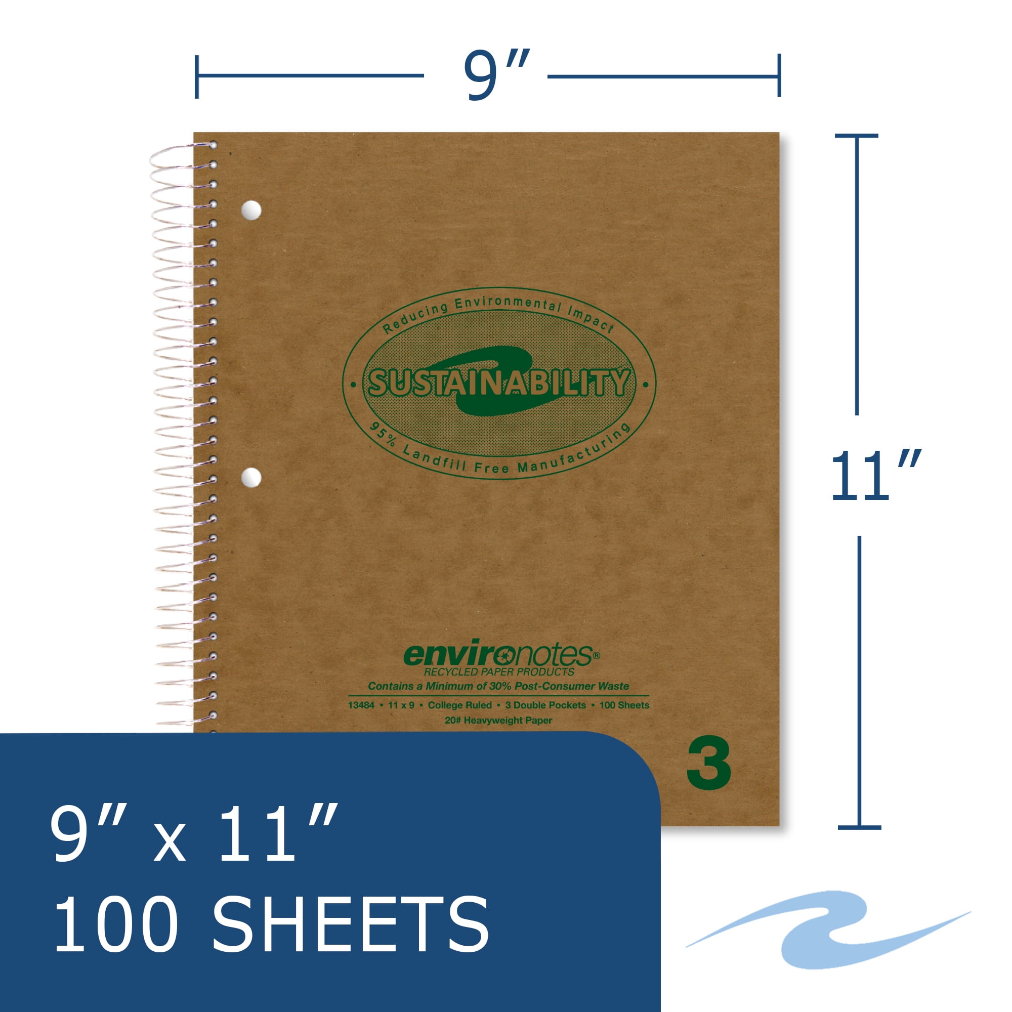 Roaring Spring Recycled Spiral Three Subject Notebooks, 11"x9", 100 Sheets, College Ruled, 24 Notebooks