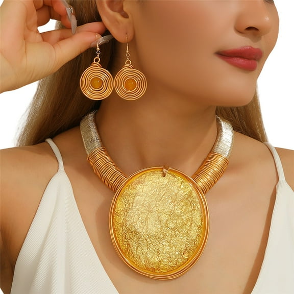 Bohemian Jewelry Big Round Resin Silver Tinfoil Pendant Necklace and Earring Set for Women Colorful Resin Bib Necklace and Earrings for Weddings Parties Everyday Wear