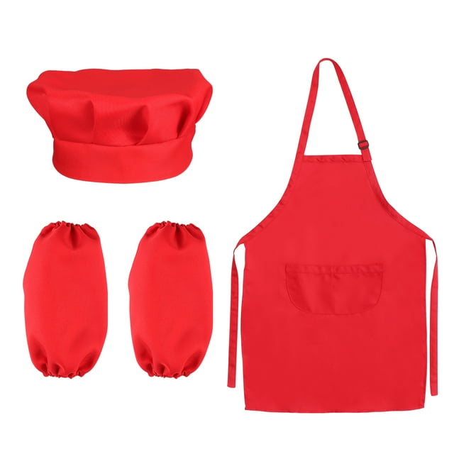 OULII 1Set Kids Apron Chef Hat Sleeves Red Dacron Role Play Cooking Baking Painting Decorating For Party