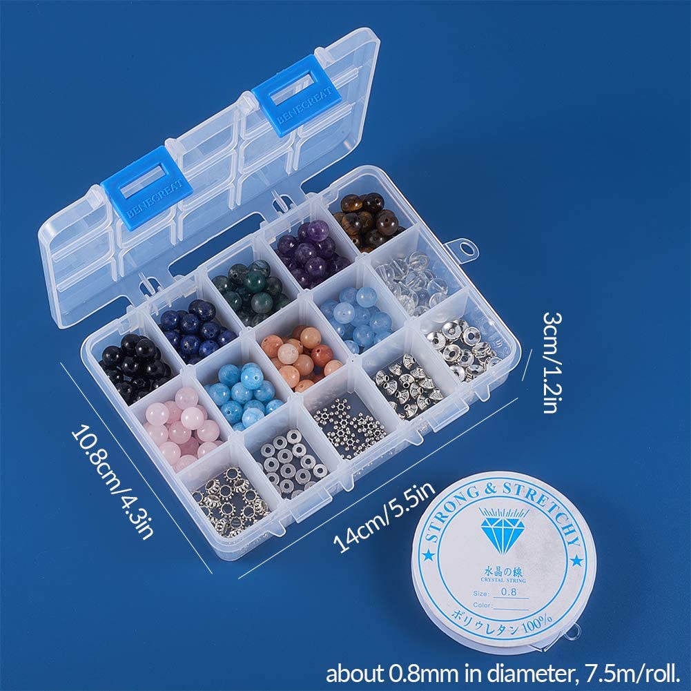 1 Box 200Pcs 10 Styles Gemstone Round Loose Beads with 100Pcs 5 Styles Bicone Spacer Beads Beading Needles Scissors Thread for DIY Bracelet Jewelry Making Supplies Craft Mixed Color Mixed Color