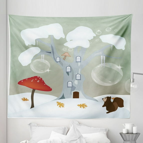 Tree Tapestry, Lonely Tree Standing Alone in Crusted Snow with Amanita Muscaria Mushroom and Squirrel, Fabric Wall Hanging Decor for Bedroom Living Room Dorm, 5 Sizes, Multicolor, by Ambesonne